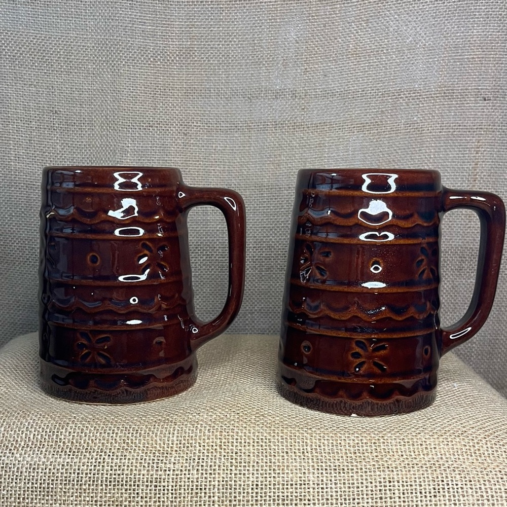 2 - Mar-Crest Daisy Dot Brown Stoneware Beer/coffee Mugs Steins Vintage MCM